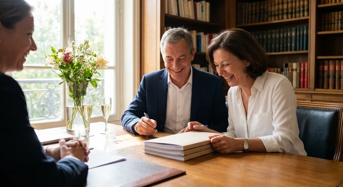 Couple heureux signant des documents sans questionnaire médical